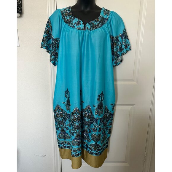Anthony Richards Plus Size 2X Turquoise & Gold Paisley Dress With Short Sleeves - Picture 1 of 6